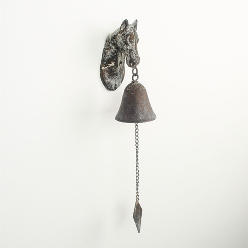 Rustic metal wall-mounted doorbell with a horse head design on white background. The vintage bell hangs from a chain, evoking a nostalgic feel.