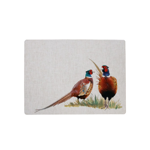 A view of a pack of 6  pheasant placemats on a white background