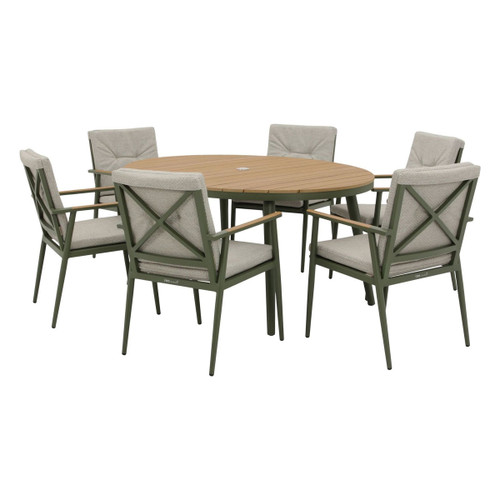 Sage green outdoor dining set with a round wood-look table and six armchairs with eco mist coloured cushions, shown on a white background.