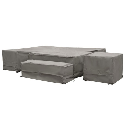 Khaki outdoor furniture cover set fitted over a rectangular corner sofa, table, chair and benches, shown on a white background.