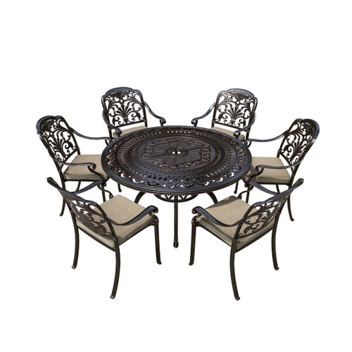 A bronze round dining set with six chairs against a white background.