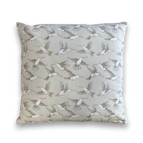 A view of a grey hummingbird design outdoor scatter cushion on a white background