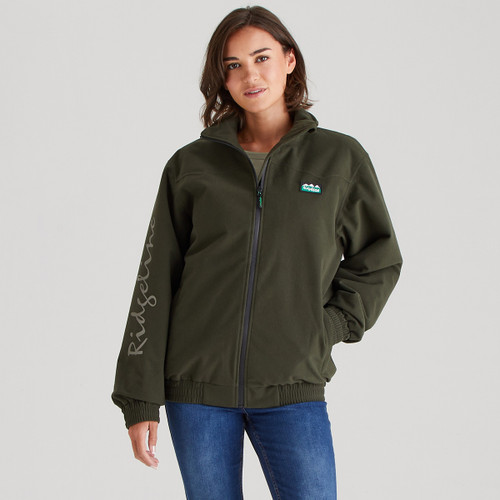 Woman wearing an olive green full-zip jacket with elasticated cuffs and hem, Ridgeline logo on the chest, and “Ridgeline” printed down the left sleeve.