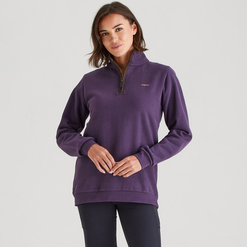 Woman wearing a purple quarter-zip sweatshirt with a stand collar, relaxed fit, and small embroidered Ridgeline logo on the left chest.