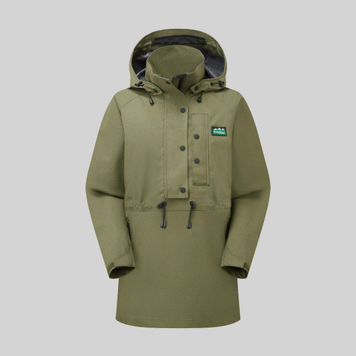 Khaki green waterproof smock with a hood, high collar, half-button storm flap, drawcord waist, and Ridgeline logo on the chest.