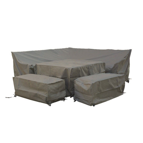 A set of khaki coloured garden furniture covers fitted over a corner dining set.