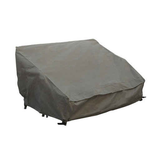 A khaki coloured garden furniture cover, shielding a reclining garden furniture set.