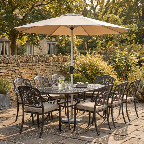 Bramblecrest Venice 8 Seater Aluminium Garden Furniture Dining Set with 3m Parasol & Base