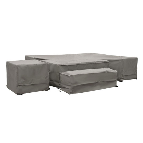Khaki coloured garden furniture covers, shielding a left hand corner garden furniture set.