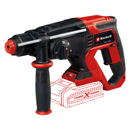 Red and black cordless rotary hammer drill with an ergonomic handle and side grip. It features control dials and a battery slot with outline marking.