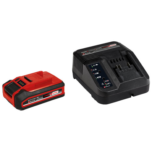 A black and red power tool battery and charger set. The battery is on the left, featuring a red top and branding. The black charger is on the right.