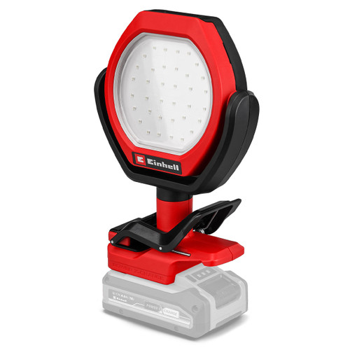 Red and black LED work light with a circular face and a sturdy base. The branding "Einhell" is visible. The light sits atop a transparent battery base.