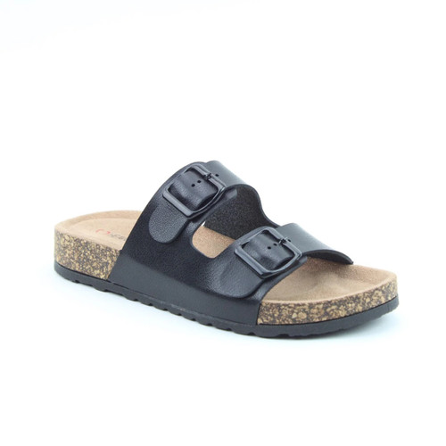 A front view of a Heavenly Feet black two buckle sandal on a white background