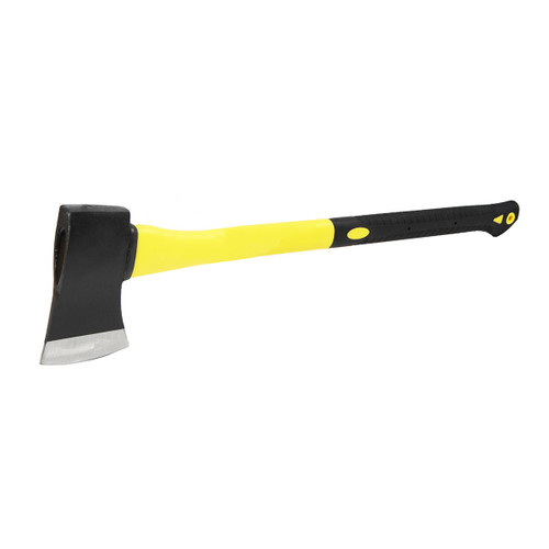 A yellow and black axe with a rubber grip handle on a white background. The curved blade is dark grey with a shiny, sharp edge, conveying durability.