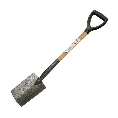 A steel garden spade with a textured blade and a wooden handle featuring a wide, black D-grip. The tool appears sturdy and practical for digging.