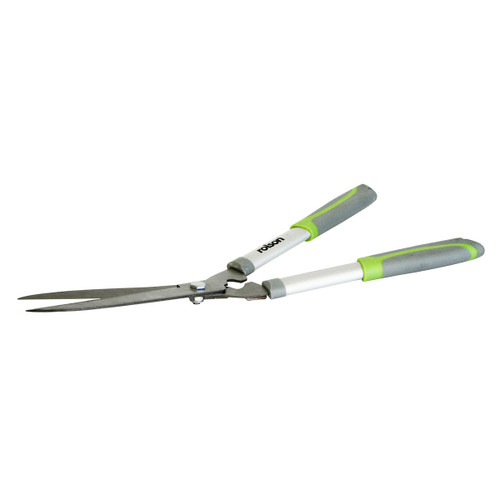 Garden hedge shears with long, sharp metallic blades and grey-green ergonomic handles. Designed for trimming hedges, conveying a sense of precision.