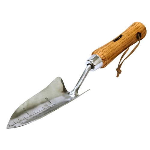 A stainless steel garden trowel with measurement markings and a wooden handle, featuring a leather loop for hanging. The tool is clean and polished.