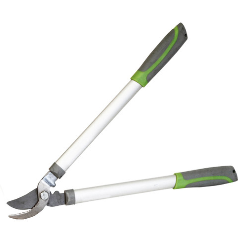 A pair of pruning shears with long white handles and green-accented grey grips, featuring curved blades. Designed for cutting branches in gardening tasks.