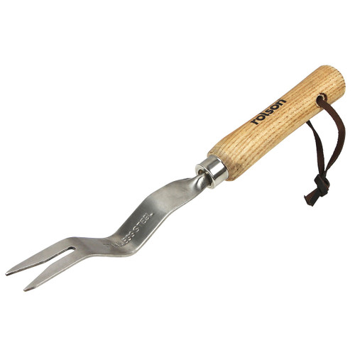 Wooden-handled stainless steel weeding tool with a curved blade and two prongs, featuring a leather loop for hanging, lying on a white background.