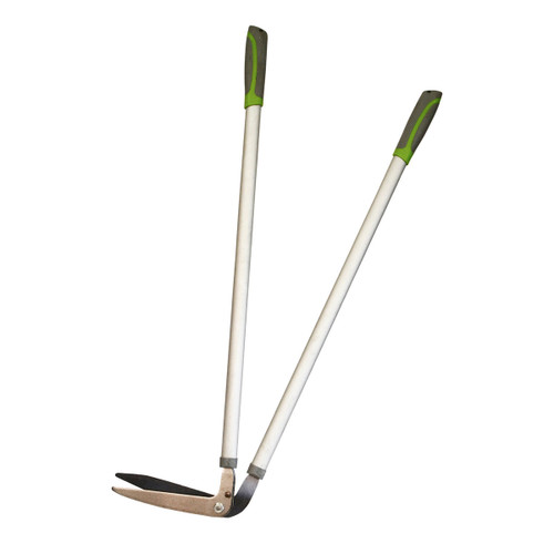Long-handled grass shears with silver metal blades and black-and-green grips. The scissors are open, showing their sharp edges, set against a plain white background.