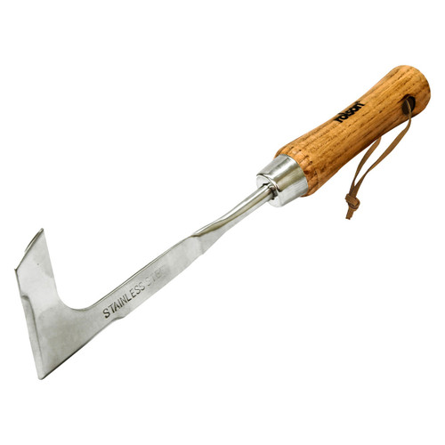 Stainless steel hand weeder with a sharp, hooked blade and wooden handle. Includes a leather loop for hanging. Designed for removing weeds.