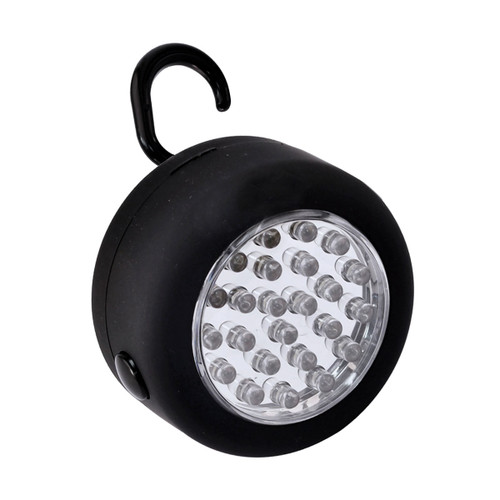 A round, portable black LED light with a clear face showing multiple small bulbs. It features a hook on top for hanging, conveying practicality and simplicity.