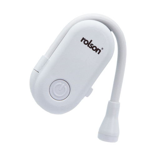 A white clip-on reading light with a flexible neck and rounded body. Features a power button and the brand name "rolson." Sleek and modern design.