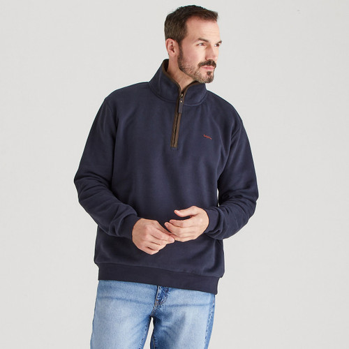 Men’s navy quarter-zip sweatshirt with a high stand collar, shown worn by a male model paired with light blue jeans.