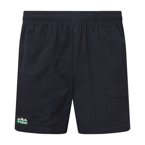 Men’s navy Ridgeline shorts with elasticated waistband, curved front pocket and small mountain logo patch near the hem.