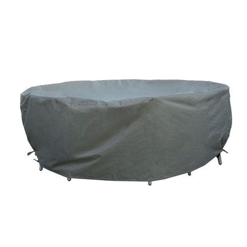 A khaki coloured garden furniture cover, shielding a dining set.