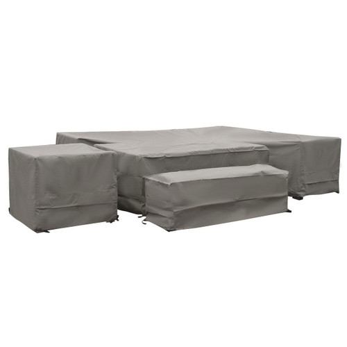Outdoor left-hand corner lounge and dining set fully covered with fitted grey protective covers over the sofa, table, armchair and bench.