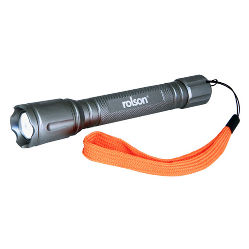 Silver torch with a textured grip, featuring the "rolson" logo. It has a bright orange wrist strap and a sleek, modern design, suggesting durability.