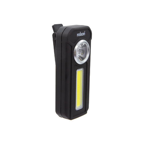 A compact black LED work light with "rolson" branding, featuring a circular light at the top and a rectangular LED panel beneath, angled slightly to the left.