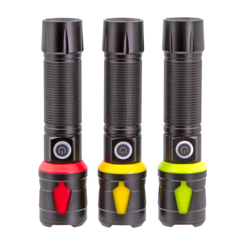 Three black flashlights with textured grips are aligned vertically. Each has a distinct bottom accent colour: red, yellow, and lime green.