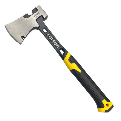 A sleek, modern hatchet with a sharp silver blade and a robust black and yellow handle. The axe has a brand logo imprinted on the blade.