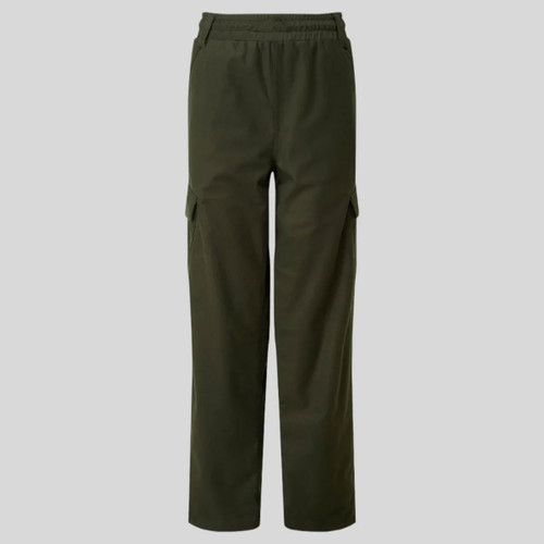Children’s olive green outdoor trousers with elasticated waistband and straight-leg fit, shown from the front.