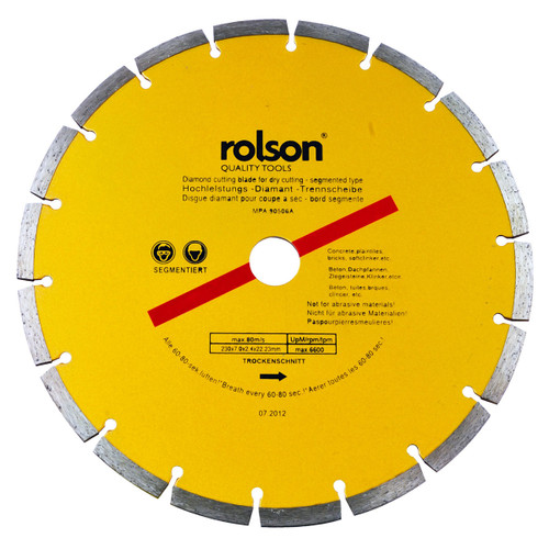 A yellow segmented diamond cutting blade labelled "rolson Quality Tools" with a red stripe. It features specifications and safety icons around the centre.
