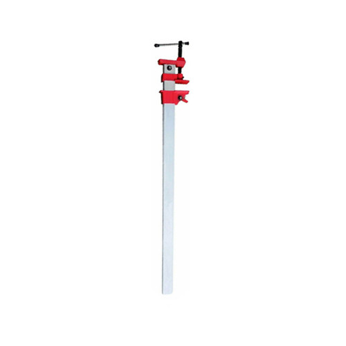 A vertical metal pipe clamp with red adjustable grips and a black handle, set against a white background. The tool conveys functionality and stability.