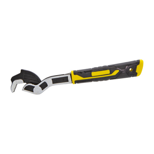 Adjustable wrench with a black and yellow rubberized handle, featuring a curved, serrated metal jaw. The tool appears sturdy and ergonomic.