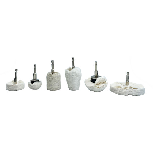 Six white buffing pads with metal shanks, arranged left to right in increasing size, on a plain white background, conveying a clean, orderly feel.