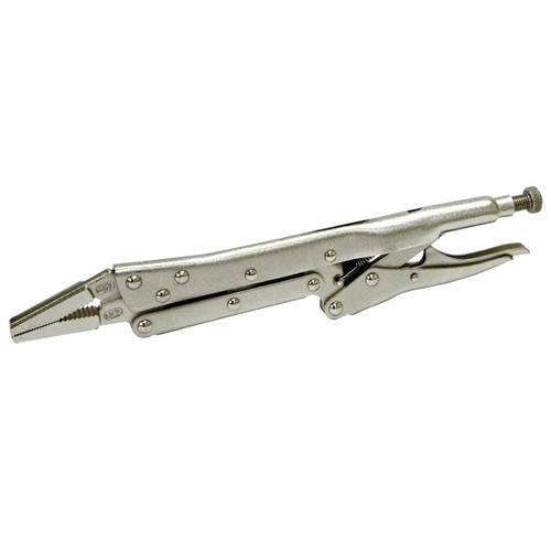 A metallic locking plier with a needle-nose design is shown. The tool features a shiny finish, adjustable tension knob, and a parallel jaw grip in a neutral position.