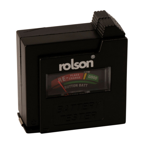 A black battery tester with the brand name in white on top. The meter shows levels from "Replace" in red to "Good" in green, indicating battery health.