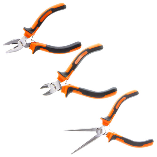 Three types of pliers with orange and black ergonomic handles: standard, wire cutter, and needle-nose, arranged against a white background.