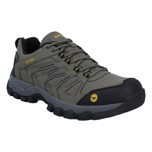 Hi-Tec waterproof walking shoe in grey and olive with rugged outsole, lace-up design and reinforced toe cap, shown from angled front view.
