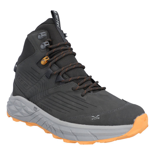 Hi-Tec Fuse mid hiking boot in charcoal grey with orange outsole, lightweight cushioned sole and rugged lace-up design on a white background.