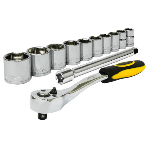 A set of shiny chrome socket wrenches with a black and yellow-handled ratchet lies on a white surface, featuring sizes from 10mm to 24mm.
