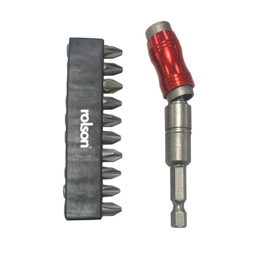A set of nine screwdriver bits in a black holder with a silver hexagonal base and red metal bit holder lying beside it, creating a sleek and functional look.