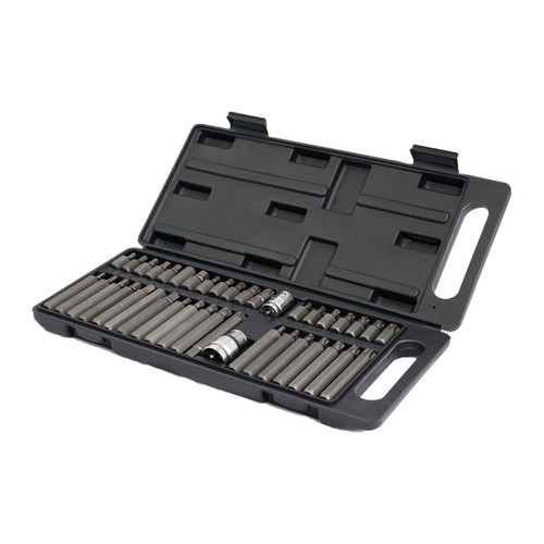 Open black tool case with rows of evenly arranged screwdriver bits and sockets. The organized layout conveys precision and functionality.