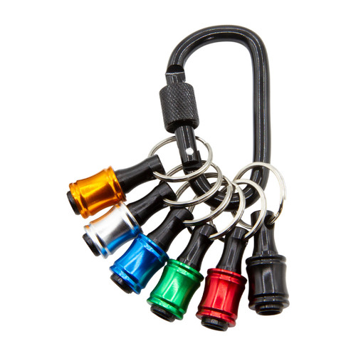 A set of colourful, anodized aluminium bit holders with key rings attached, hanging from a black carabiner. Colours include orange, silver, blue, green, red, and black.