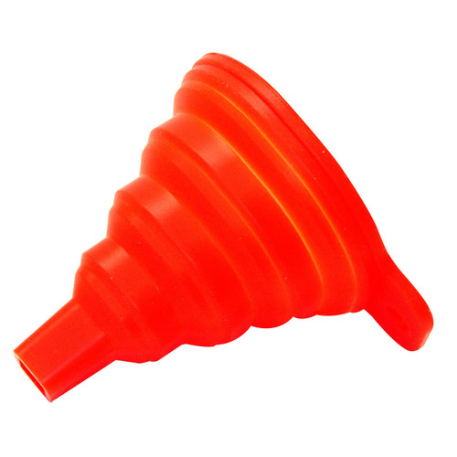 A bright red, collapsible silicone funnel with ribbed, conical design and a small handle on the side. The funnel conveys practicality and modernity.